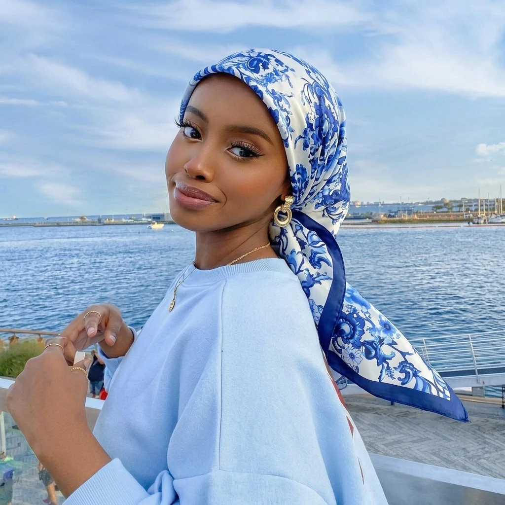 Versatile Satin Silk Square Hijab Women Headscarf Floral Muslim Chinese Style Blue and White Porcelain Printed Square Head Wraps