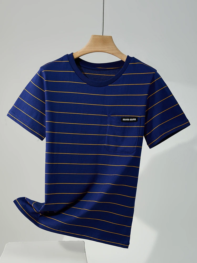 

High-End Women's ort-Sve T-irt Pure Cotton Embroidered Striped 'Miu' Sle oulder Pure Cotton Breathable Summer Top