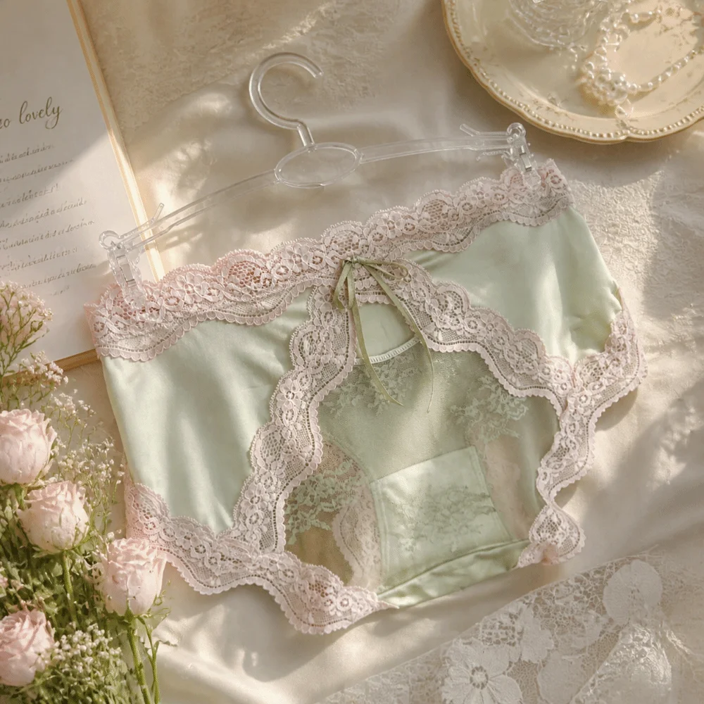 Underpants Mid Waist Lace Satin Panties Mesh Sweet Bow Briefs Patchwork Invisible Underwear for Women Girls