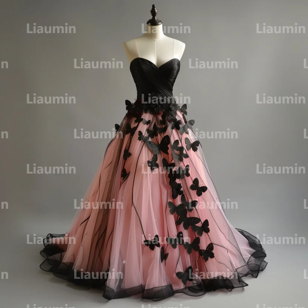 Abiti da sposa in Tulle rosa e farfalla nera abiti da sposa lunghezza del pavimento abbigliamento formale per feste di compleanno fatto a mano personalizzato W15-30