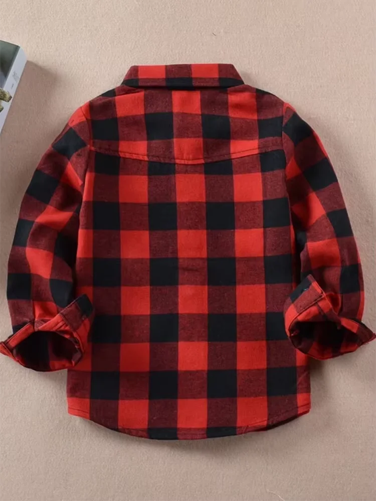 2024 New Fashion Autumn Boy Casual Plaid Shirt Red Black Long Sleeve Children Clothes Kid Clothing Checkered Blouses Cotton Tops