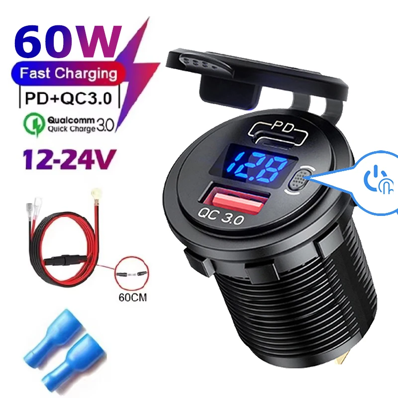 60W PD Type C/QC 3.0 USB Charger with Switch Socket Power Outlet Adapter Waterproof For 12V 24V Car Truck Boat RV Motorcycle