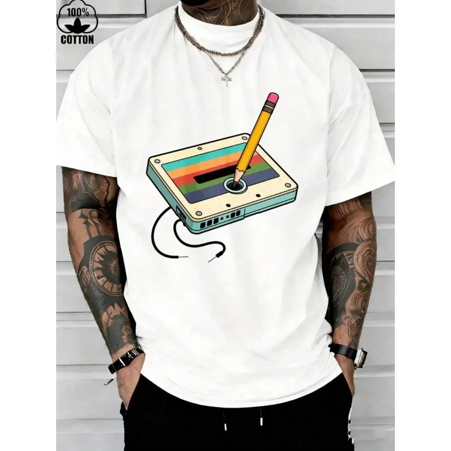 

【New Arrival】Retro "Cassette Tape & Pencil" Graphic T-Shirt | 80s Nostalgia Casual White Cotton Short Sleeve Tee
