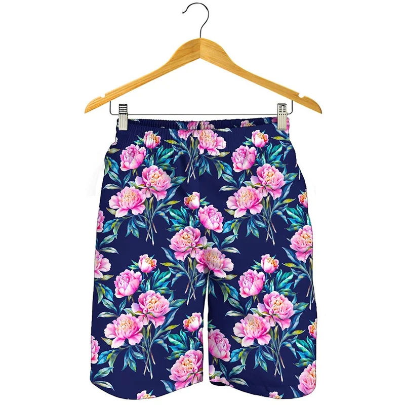 Vintage Pink Peony Floral Beach Shorts Men 3D Printed Plants Street Short Pants Surf Board Shorts Summer Quick Dry Swim Trunks
