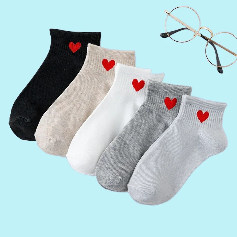 Calcetines cortos de algodón transpirables para mujer, medias informales cómodas con patrón de corazón de amor, alta calidad, 5 pares