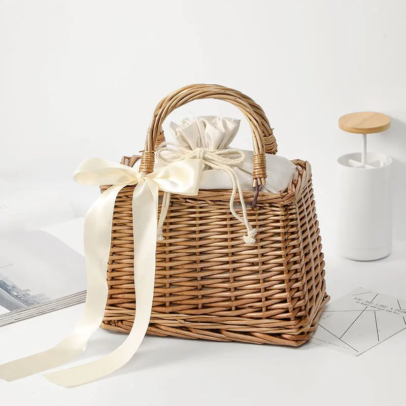 Straw Bags for Women Rattan Handmade Woven Purses and Handbags Ladies Lace Bowknot Basket Tote Beach Hand Bag