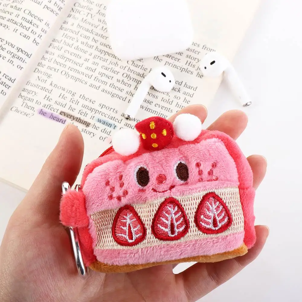 Bonito caso de fone de ouvido bolo de morango chaveiros mini bolsa de moedas coreano saco de dinheiro com zíper carteiras titular do cartão de ônibus