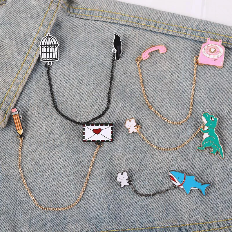 Letter Vintage Phone Collar Decor Lapel Pins Pin Men Women Jewelry Gifts Tassel Enamel Brooch Dinosaur Shark Bird Animal Love