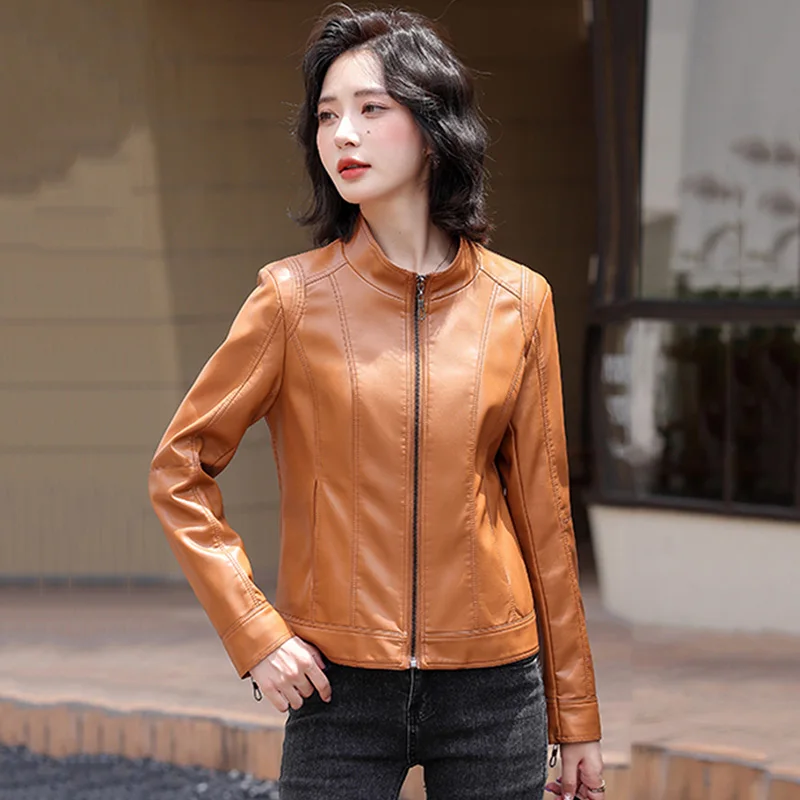 New Women Spring Autumn Biker Leather Jacket Fashion Small Stand Collar Slim Motorcycle Jacket Casual Short Coat Split Leather