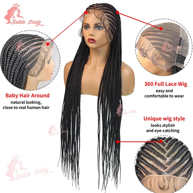 Wig jalinan renda penuh sintetis untuk WANITA HITAM 36 "Wig jalinan kotak tanpa simpul trek Wig kepang Wig kepang Cornrow Wig kepang