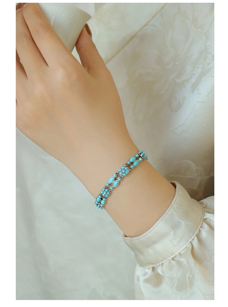 

925 Silver Natural Turquoise Bracelet, Classic Vintage Raw Gemstone Bangle, Luxury Minimalist Jewelry for Women