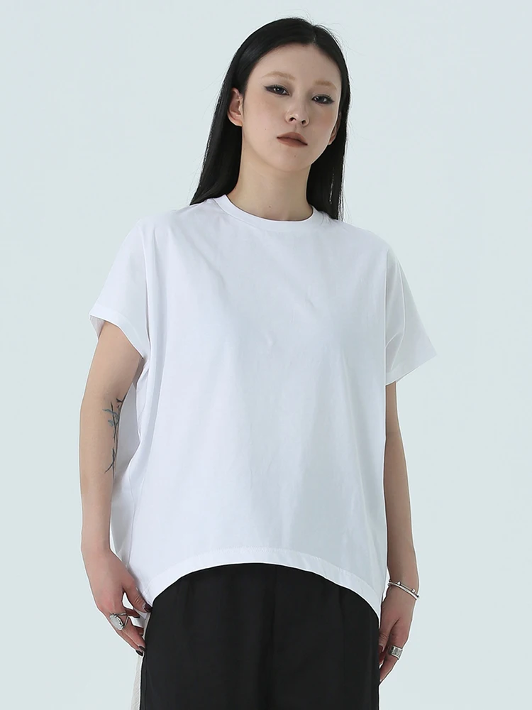 [EAM] Women White Back Long Brief Big Size Casual T-shirt New Round Neck Short Sleeve Fashion Tide Spring Summer 2024 1DH4950