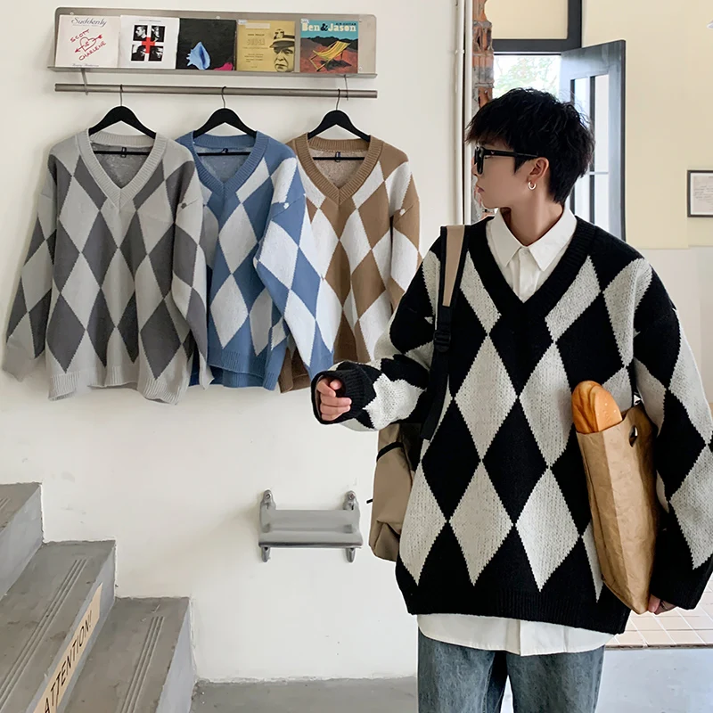 

Classic Plaid Long Sleeve Knit Cardigan Windproof Men Warm Soft Coat Autumn Winter Tops Basic Casual Pullover Round Neck Sweater