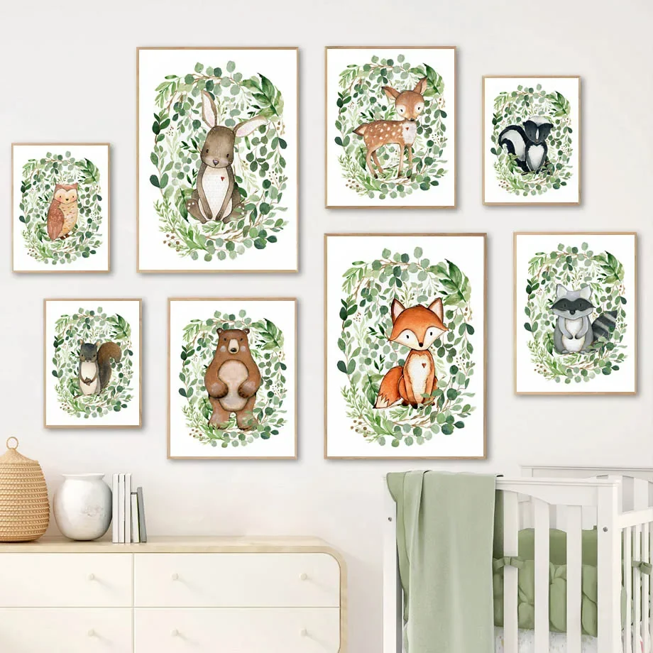 

Owl Rabbit Squirrel Fox Bear Deer Leaves Woodland Animals Art Canvas Painting Posters Prints Wall Pictures Kids Room Home Decor