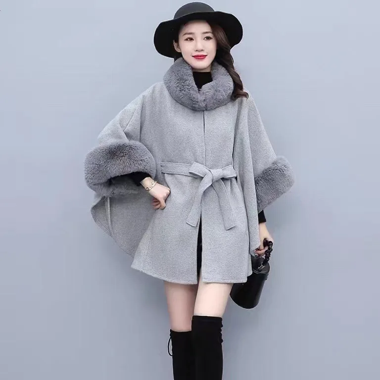 Autumn and Winter New Imitation Otter Rabbit Fur Collar Knitted Shawl Cape Lace Up Woolen Coat Women's Plus Size Cardigan