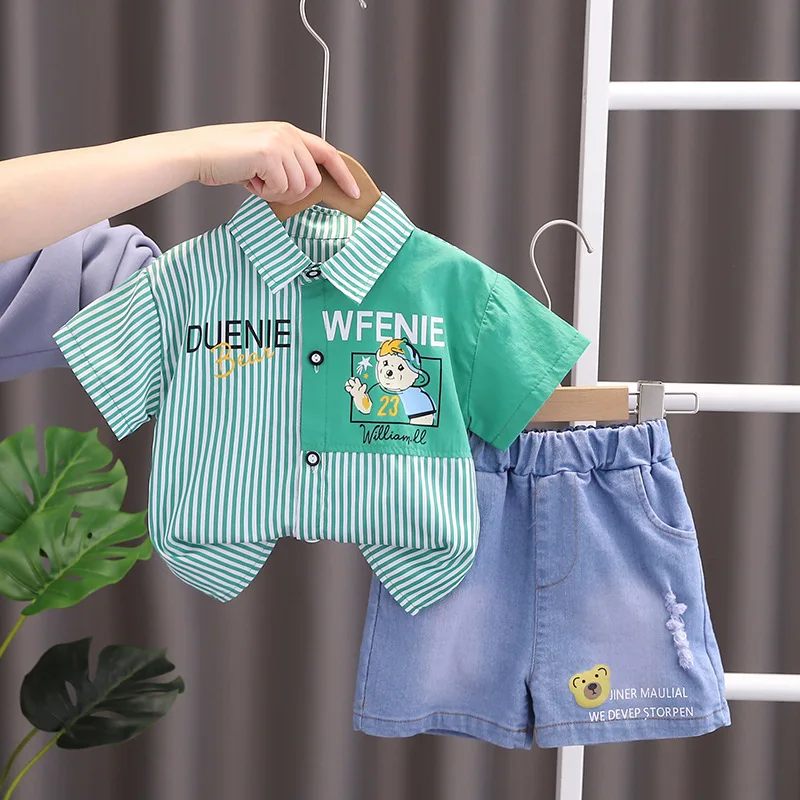 New Summer Baby Boys Girls Clothes Suit Children Fashion Cartoon Bear Stripe Shirt Denim Shorts 2Pcs/Sets Kids Casual Tracksuits