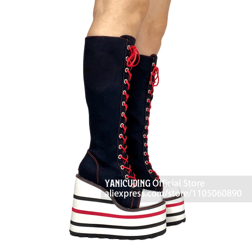 Skeleton Embroidered Canvas Wedge Boots Black Red and White Striped Wedge Heel Platform Knee-High Boots Lace-Up Cosplay Boots image 5
