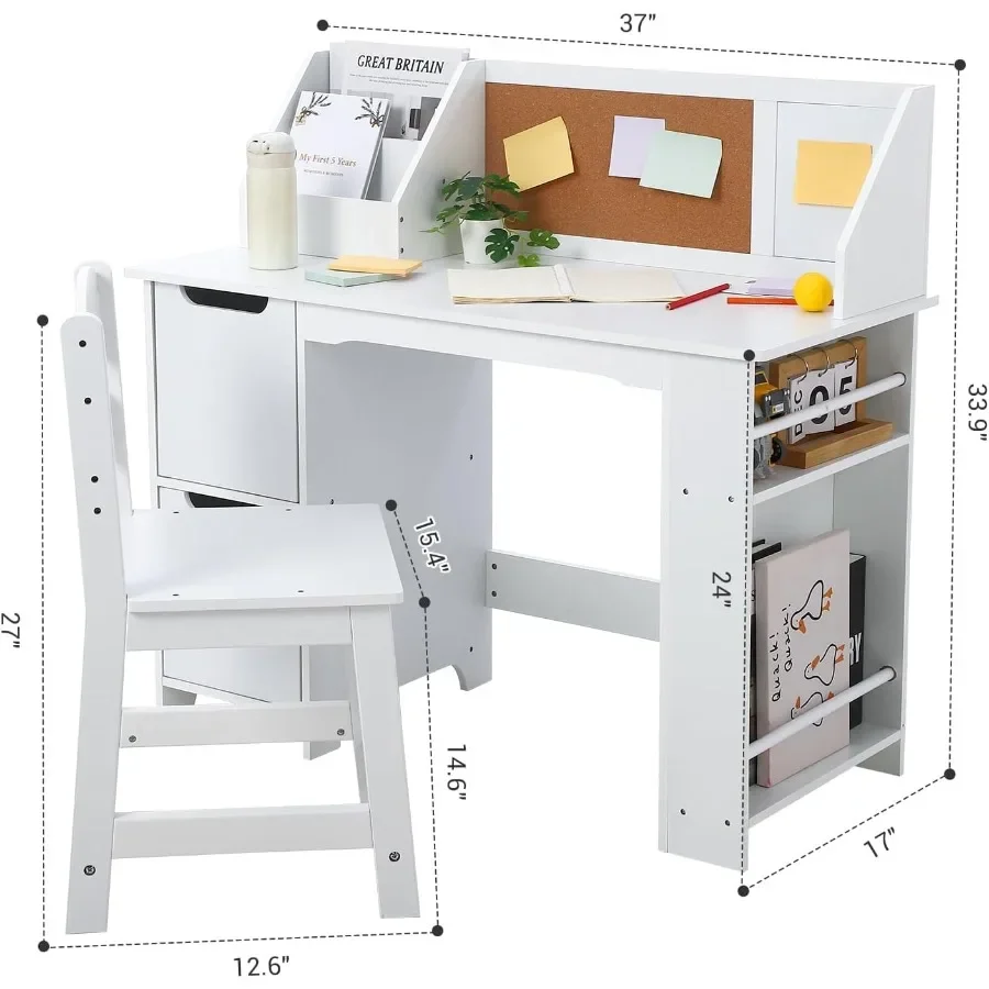 Study Desk and Chair Set, Wooden School Learning Table with Storage, Hutch and Bulletin Board, Computer Desk with Chair, Small