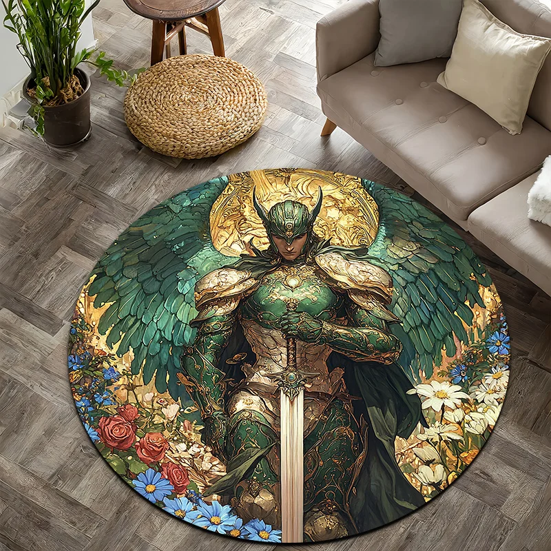 Medieval Flower Warriors Flannel-printed round floor mats are slip-resistant Suitable living room bedroom terrace garden carpets