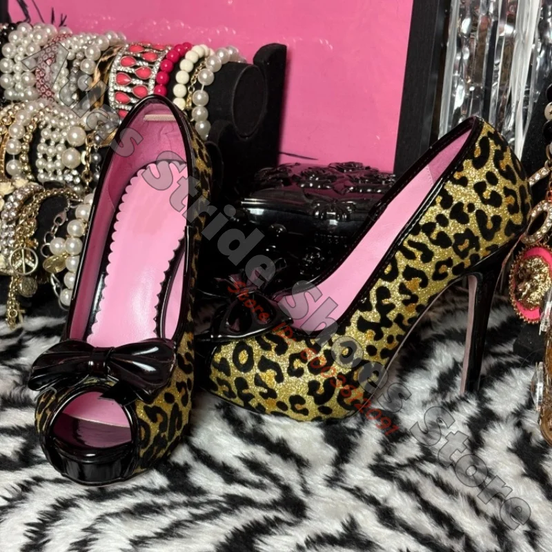 Leopard Glitter Peep Toe Pumps Black Bow Platform Stiletto High Heels Retro Cute Party Dress Shoes For Ladies High Heels
