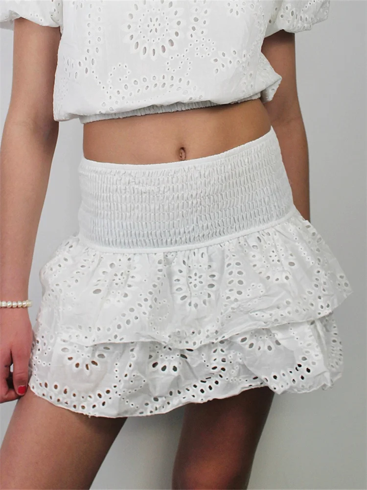 

2000s Fairycore Shirred Mini Skirt A-Line Pointelle High Waist Layered Ruffle Skirt for Summer Party Club Beach Streetwear