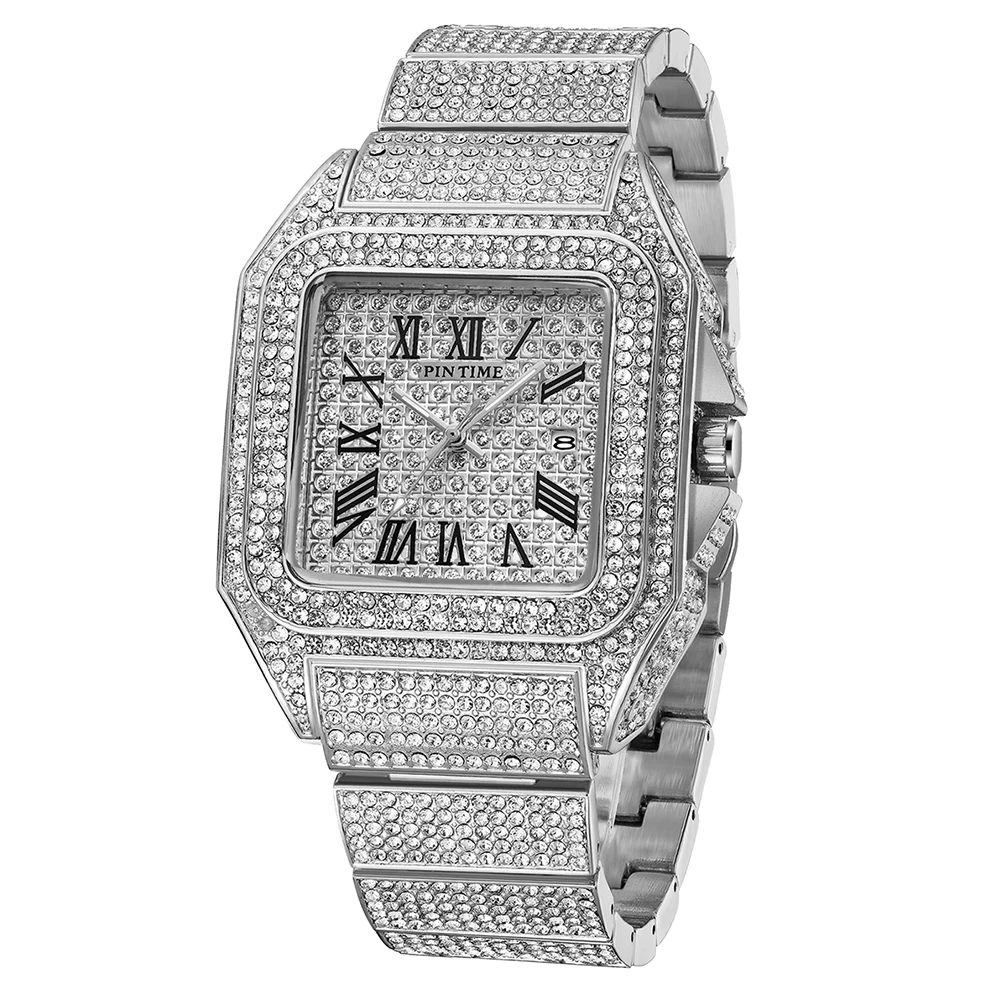 Hip Hop Watch for Men Bling Iced Out Diamond Square Quartz Wristwatch Waterproof 30m Calendar Clock Stainless Steel Montre Homme