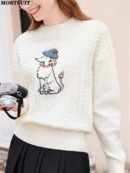 Cartoon Embroidery Knit Sweater Tops Women 2024 Spring Long Sleeve O-neck Pullovers Casual Fashion Loose Ladies Jumpers Knitwear