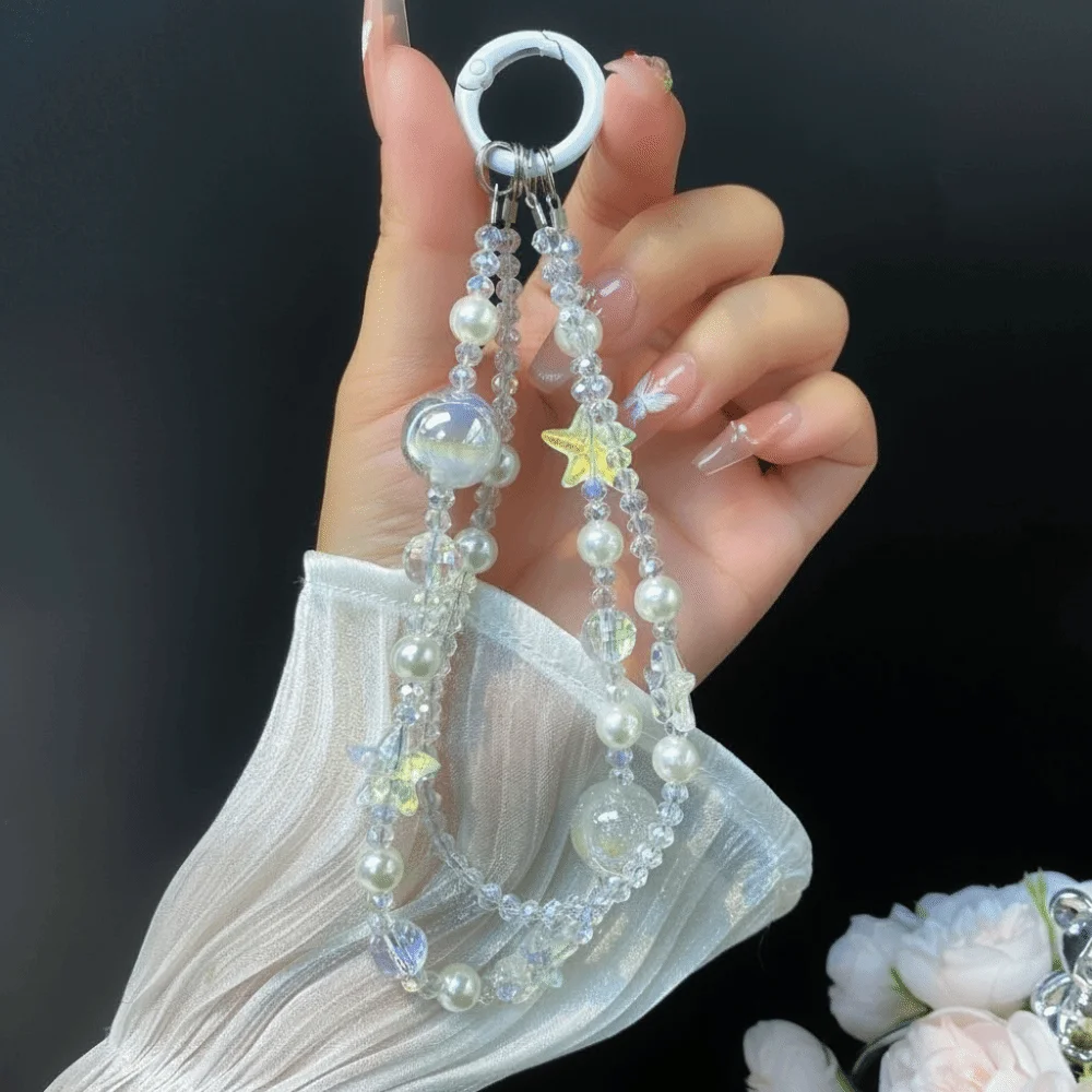 

Crystal Starfish Mobile Phone Lanyard Short Beaded Double-layer Wrist Strap Anti Lost Rope Bead Bracelet Design Car Keychain