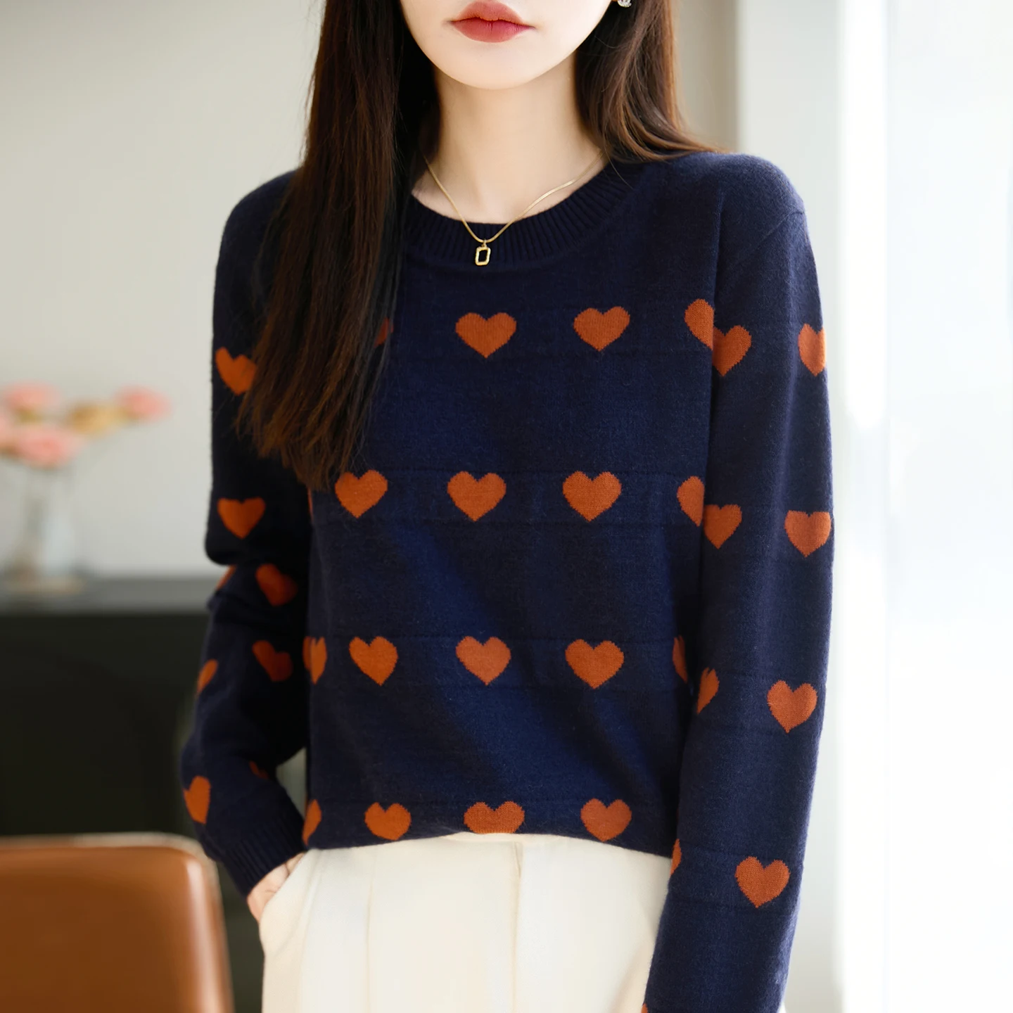 

Ladies Knitted Sweater Heart Pattern Thi Long Sve round Ne Slimming Warm Base Layer Trendy Commute Sle Soft Fabric
