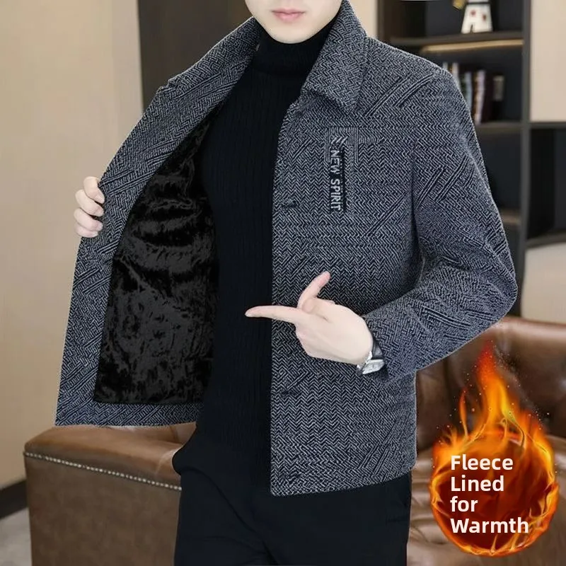 

Thickened Fleece Men's Woolen Coat Casual Business Style Stand Collar Jacket Autumn Winter Outerwear for Middle-Aged And Elderly