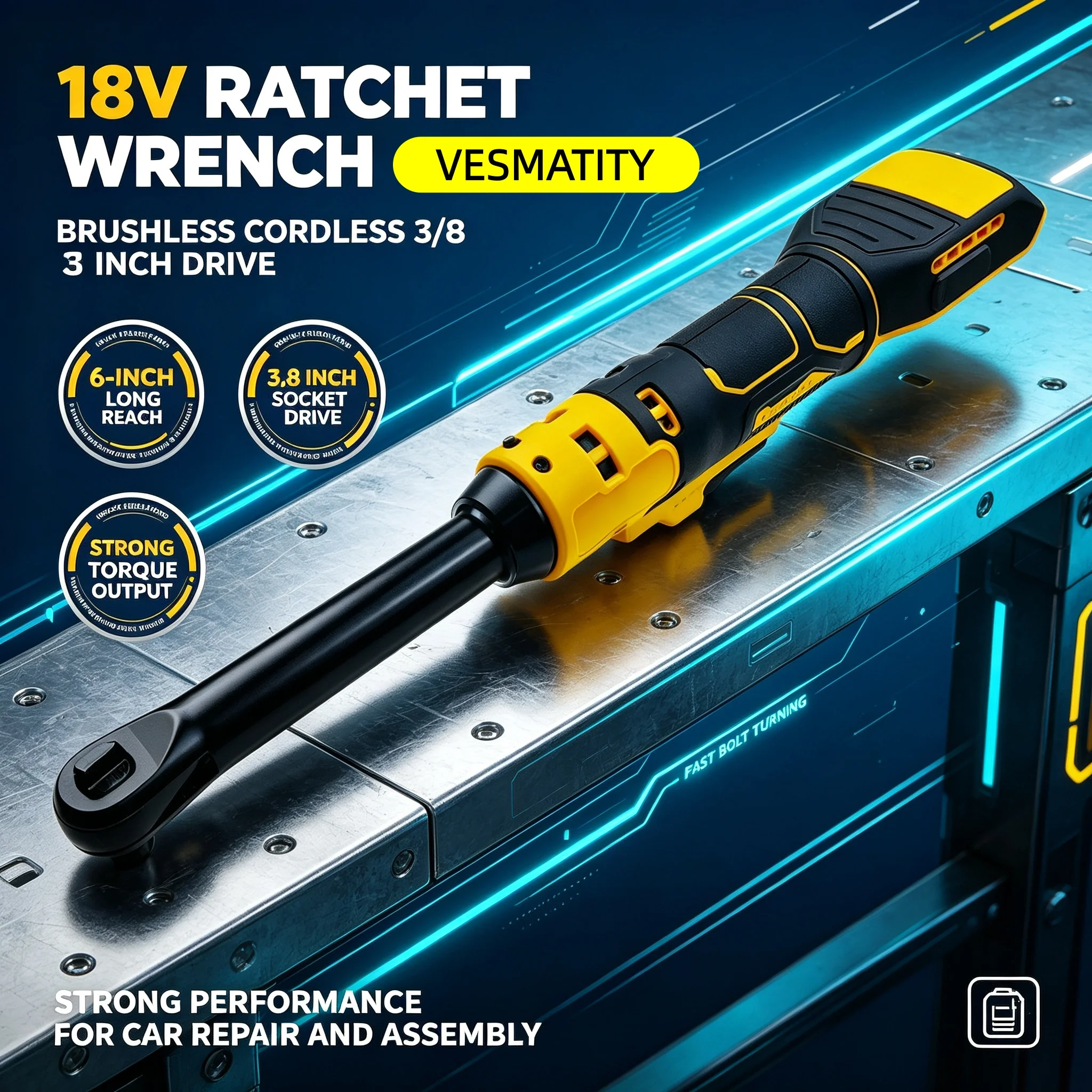 Extension Head VESMATITY Cordless 6-Inch 3/8 Electric Ratchet Wrench 220N.m Disassembly Nut Drive Tool for 18V-20V Battery