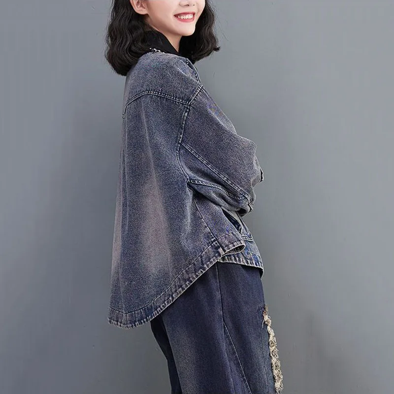 

Весенне-осенняя женская джинсовая куртка, новое элегантное джинсовое пальто с длинными рукавами в стиле ретро, женское свободное ковбойское пальто, повседневный женский топ