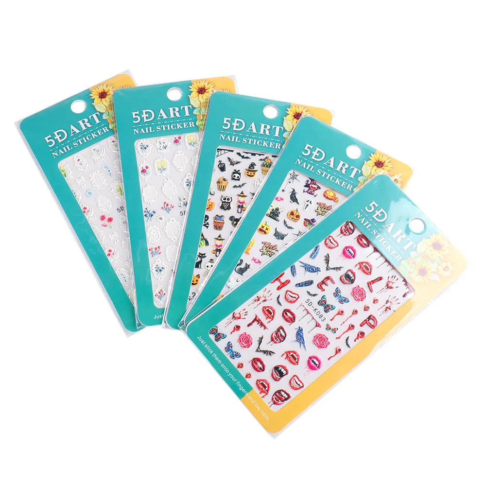 1 Stück Halloween-Nagelkunst-Aufkleber, 5D-geprägt, Kürbis und Totenkopf, Cartoons, Fledermaus-Spitze, Nagelflicken für festliche Maniküre, Halloween-Nagel