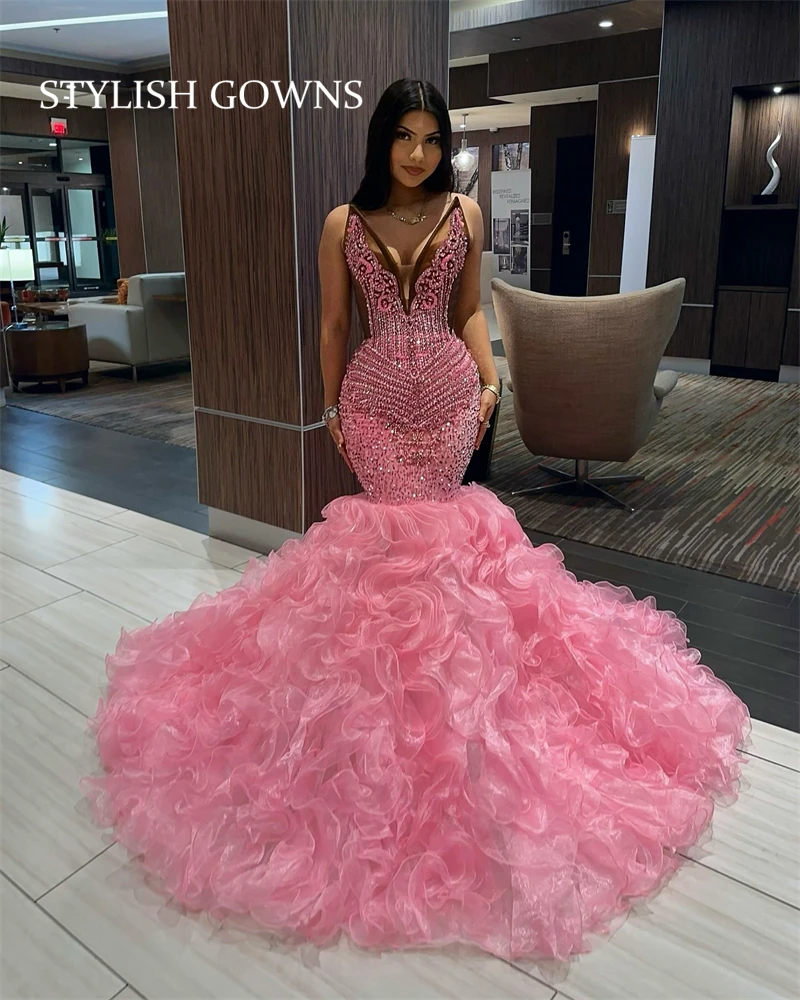 

Pink Long Prom Dresses Black Girls 2025 Rhinestone Bead Ruffles Birthday Pageant Party Gowns Seuqined Lace Up Back Customized