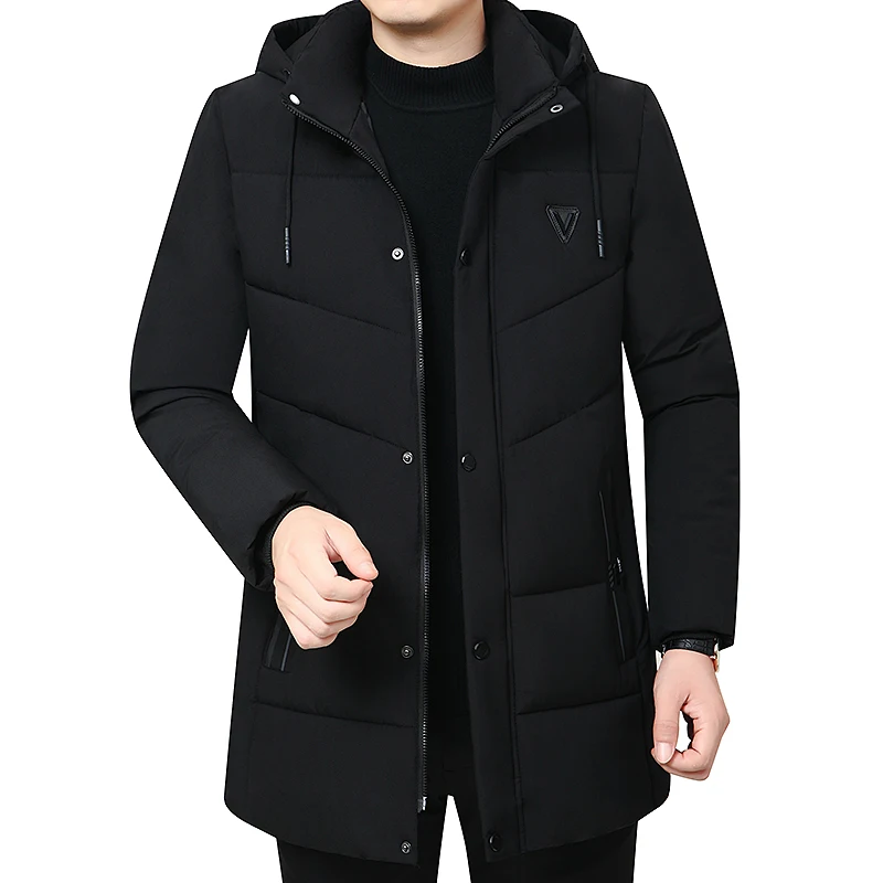 

Hooded Winter Down Cotton Coat for Men Parkas Thickened Solid Color Padded Cardigan Midi Length Zip Up Men's Warm Jacket