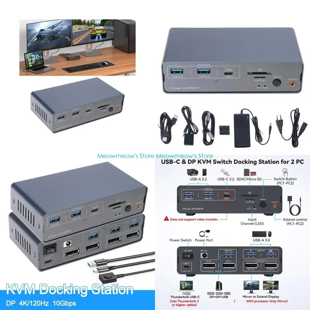 W91A Double Monitor 4K120hz Dock KVM Switcher Docking Station for Laptop Share Mouse Featuring 1 Button Device Switching