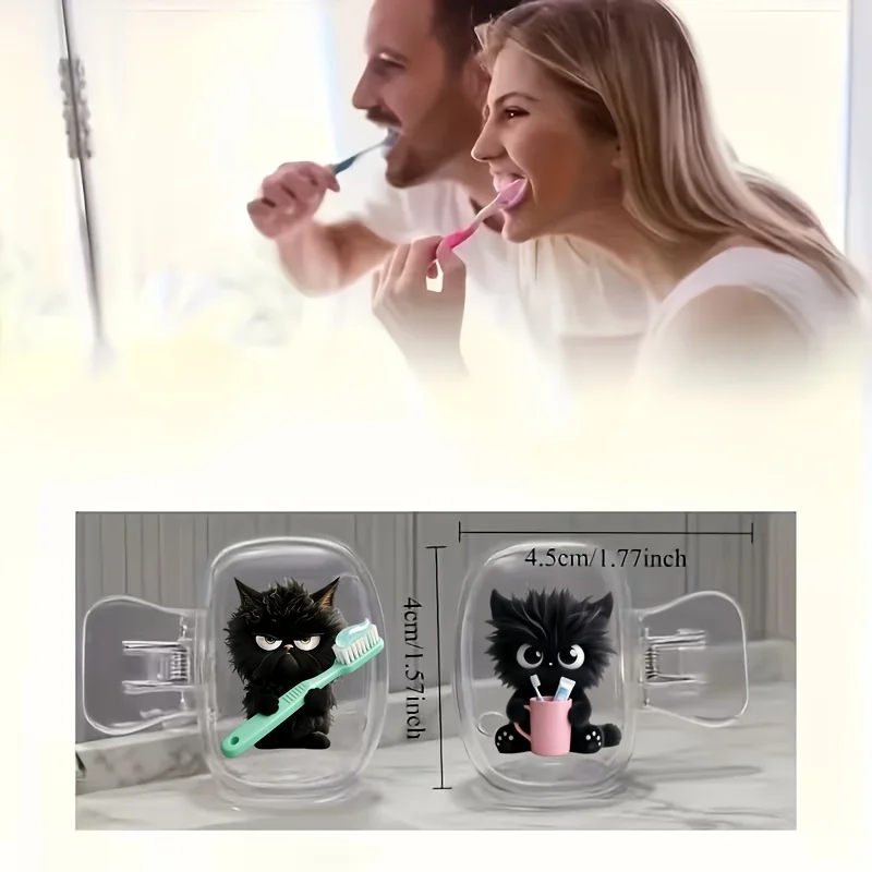 2pcs Black Kittens Toothbrush Storage Box, Bathroom Accessory