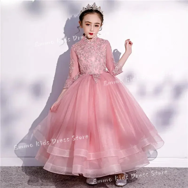 It's Yiiya Customized Flower Girl Dress High Neck Appliques Beads 3/4 Sleeves Pink Tulle Floor-Length Kids Party Girl Gown