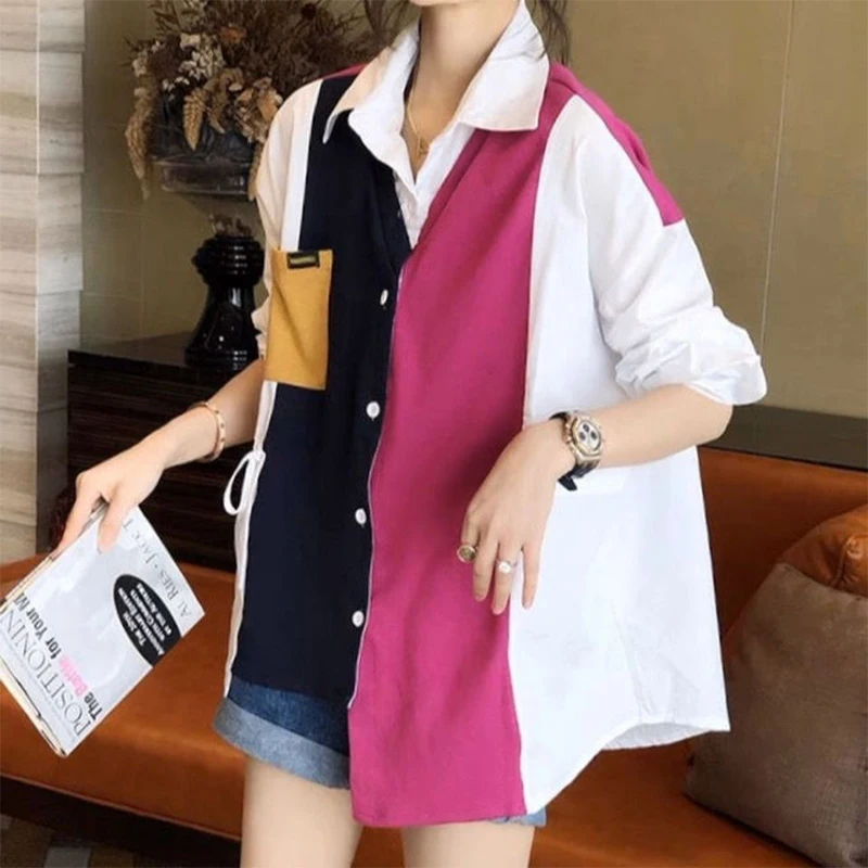 Spring Autumn Streetwear Patchwork Irregular Loose Casual Buttons Shirt Women Trend Fashion All-match Blouse Female Cardigan Top