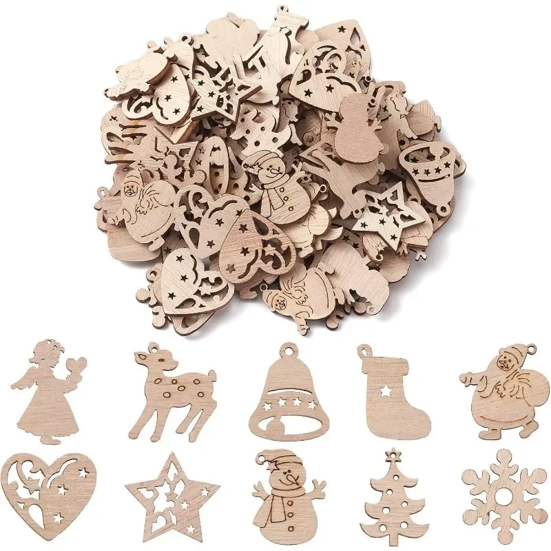 

50pcs Unfinished Wooden Cutouts for Crafts DIY Xmas Ornaments Hanging Decor for Christmas Tree Decorations and Holiday Crafts