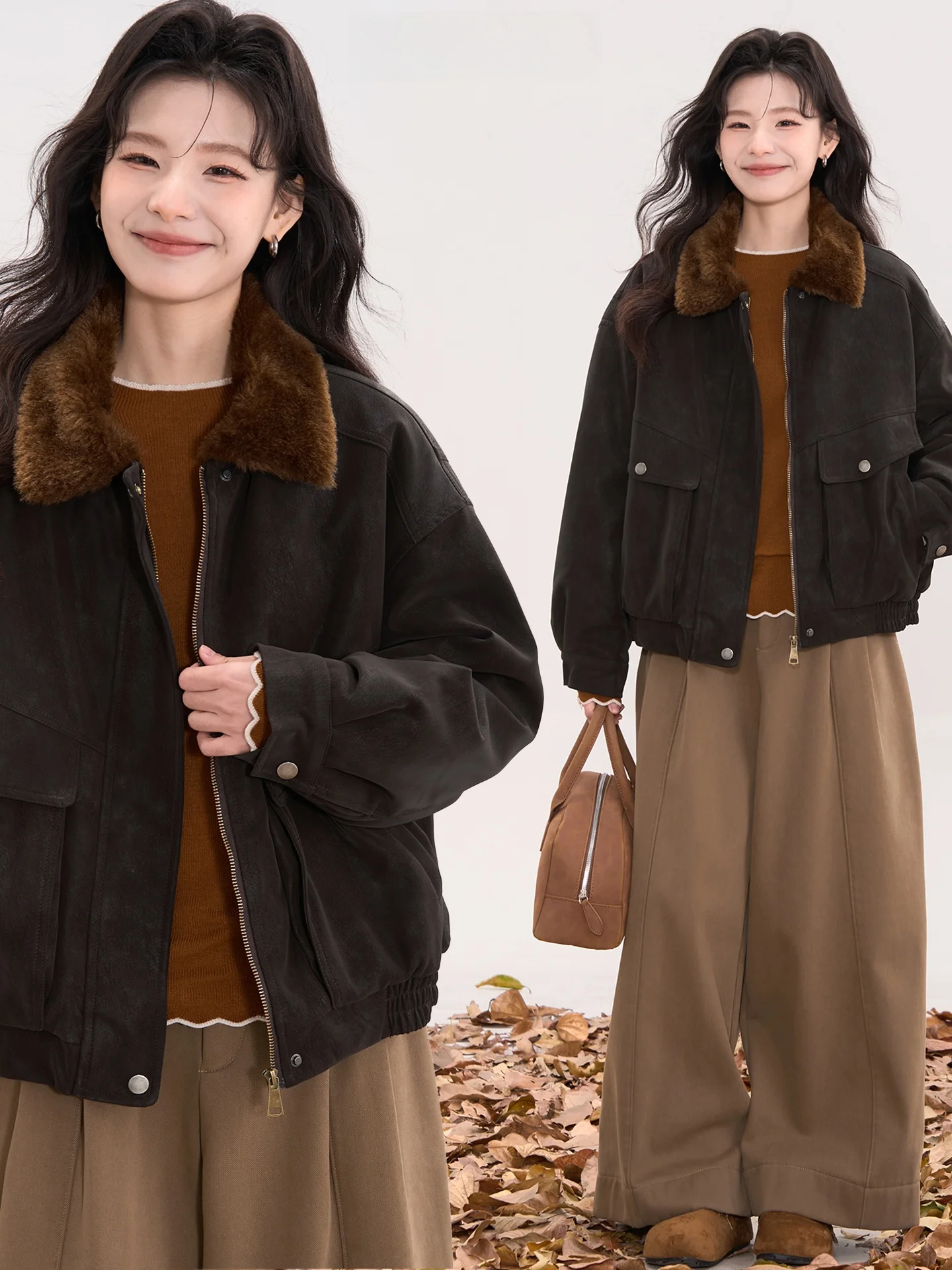 

Floral Field Window Heme Thiened Fce Lined Stand Collar PU Leather Jaet Loose Outerwear Women's Winter Top