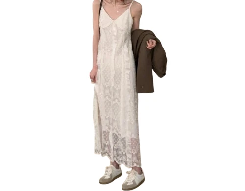 

2025 Summer New Solid Color Retro Lace Camisole Ruffle Edge Dress for Women