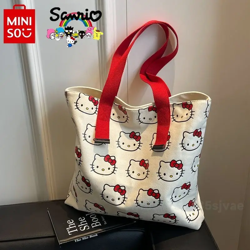 Miniso Hello Kitty damska torebka modna wysokiej jakości płótno torba na ramię kreskówka lekka torba na zakupy o dużej pojemności