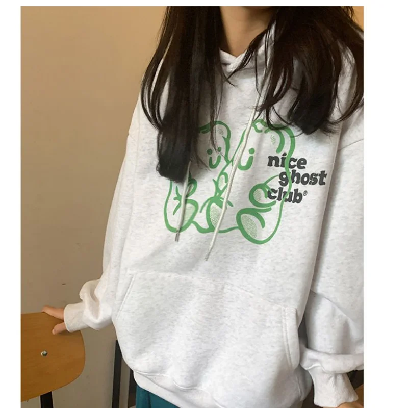 

Autumn Women's Clothing Korean Fashion Loose Pullover Sweatshirt White Grey Cartoon Print Drawstring Pocket Long Sleeves Hoodie