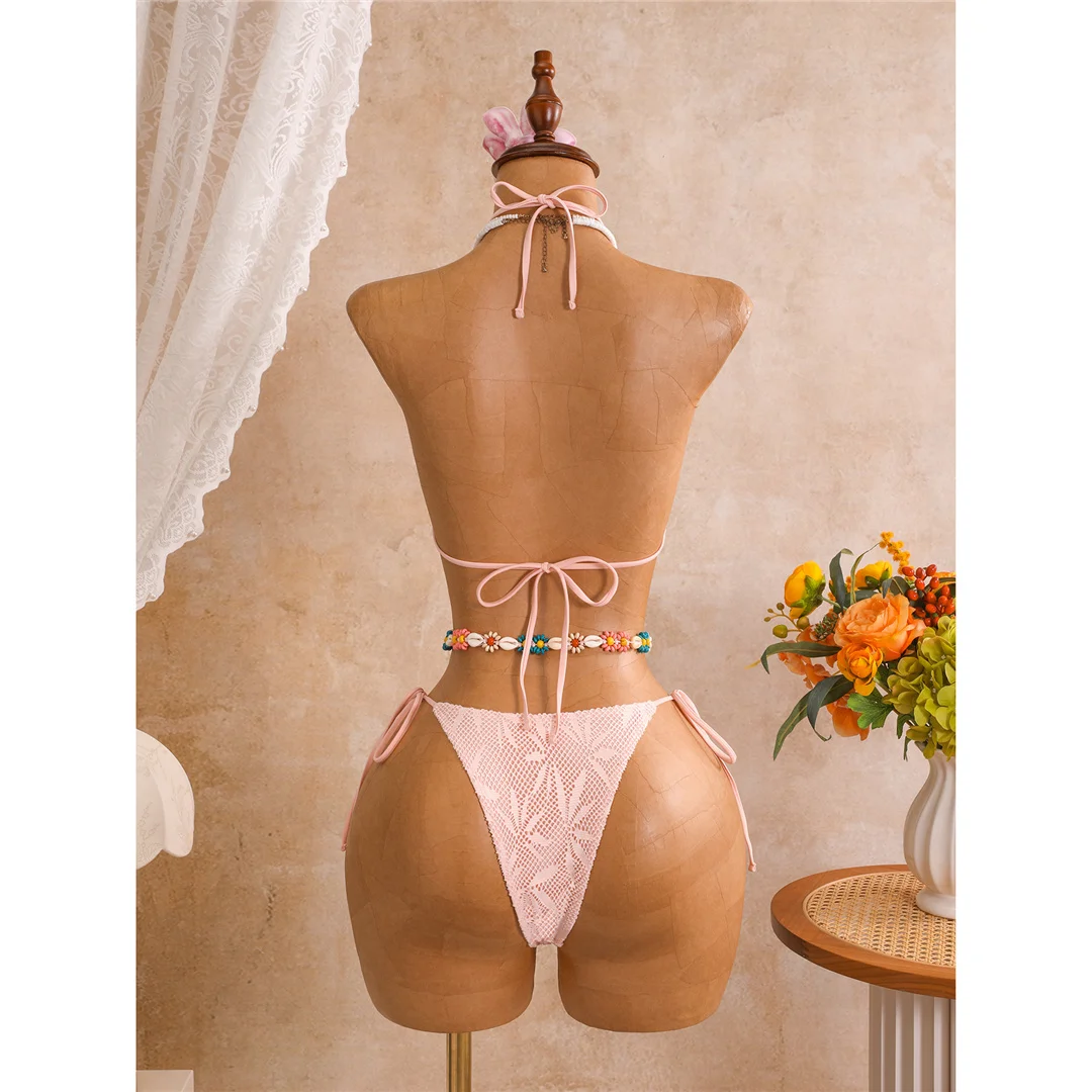 Mit Sarong-Blättern bedruckter Neckholder-Bikini, Damen-Badeanzug, dreiteiliges Bikini-Set, Badebekleidung, Badeanzug, Schwimmanzug V8367 – Detail 30