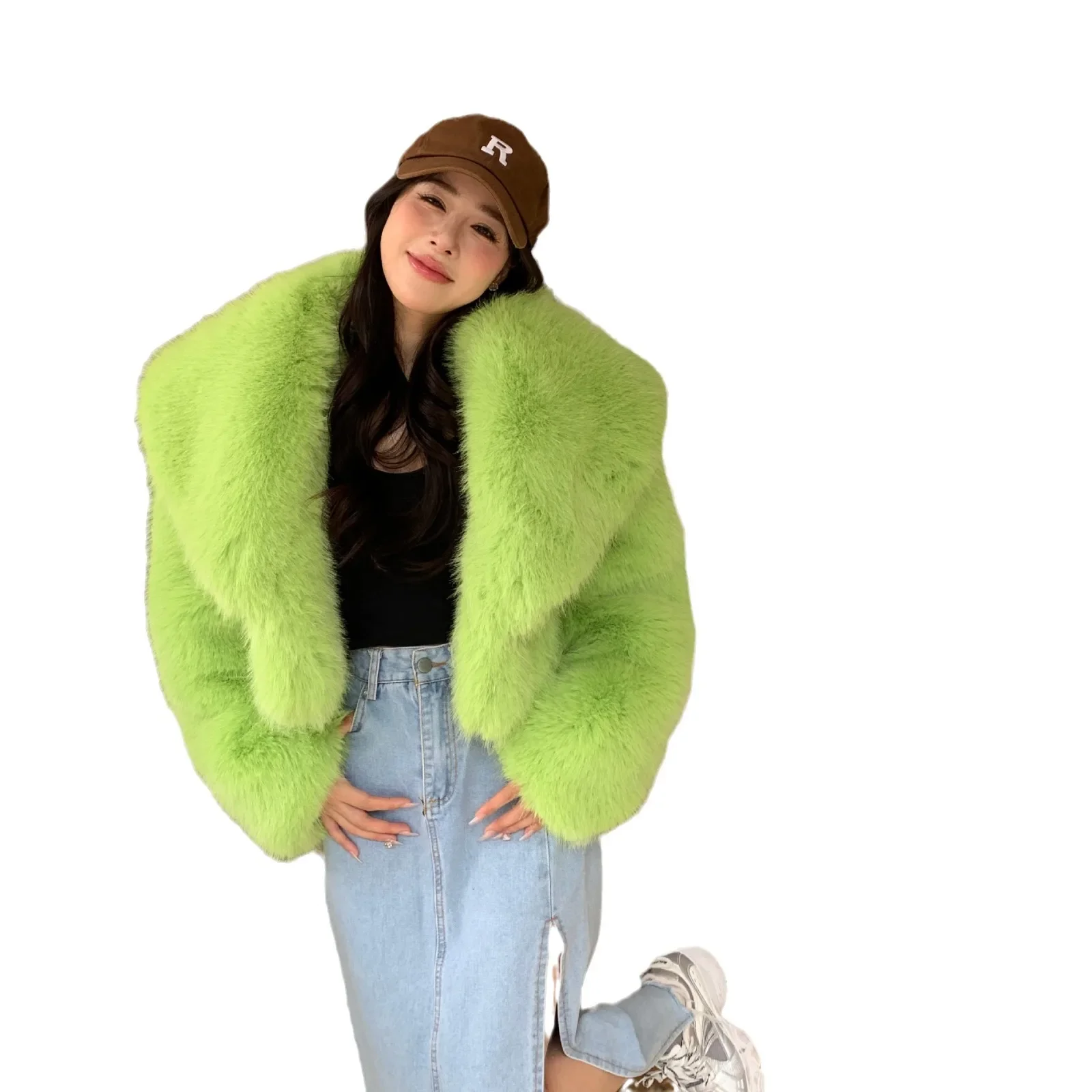 Fluorescent Green Environmentally Friendly Fox Fur Jacket Women Short Korean Fluffy Fur Warm Jacket for Women