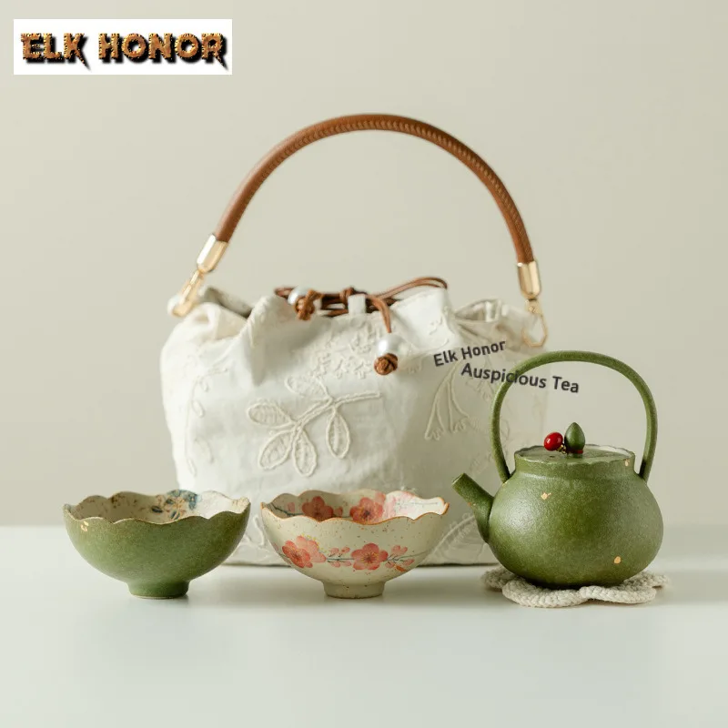 

Gold Sprinkle Lifting Handle Gold Sprinkle Travel Tea Set Kit Elegant 1 Pot 2Cup Tea Brewing Organizer Portable Camping Tote Bag