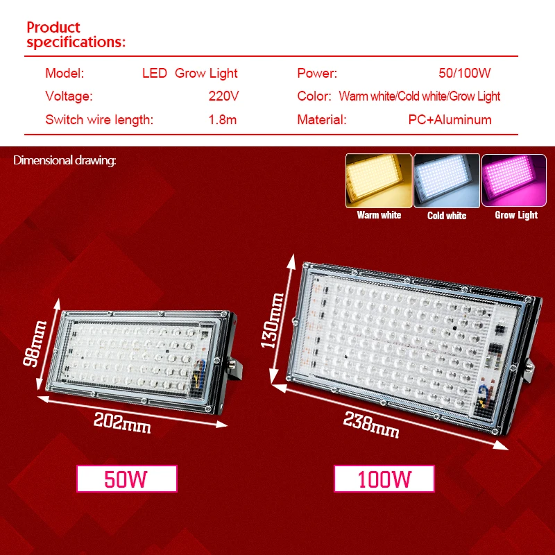 Full Spectrum LED Grow Light Phyto Lamp AC 220V 50W 100W con spina ue per l'illuminazione del proiettore per la crescita delle piante idroponica in serra