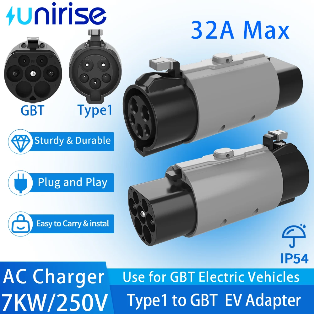 

Автомобильный адаптер Unirise Type1 to GBT Ev 32A 7kW 250v J1772 Разъем зарядного устройства типа 1 на GB/T для электромобилей Зарядный преобразователь