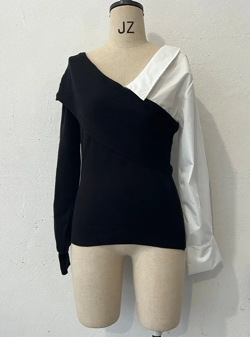 Tops Woman 2024 Autumn New Temperament Elegant Color Blocking Design One Off Shoulder Long Sleeved Knitted Shirt Streetwear